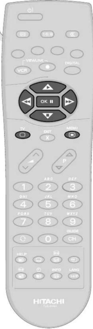 VIEWLINK VCR OK II DIGITAL TV EXIT X MENU P ABC 1 2 3 GNI JKL MNO 4 5 6 PGRS TUY WXYZ 7 8 9 GUIDE 0 CH HELP INFO LANG HITACHI