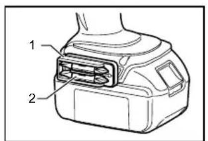 Technical diagram of a device with labeled parts 1 and 2, showing internal structure and component layout.