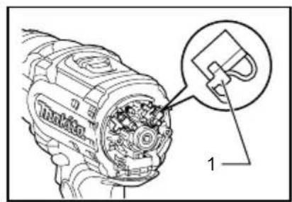 Technical diagram of a mechanical device with labeled component '1' and a magnified inset showing internal structure.