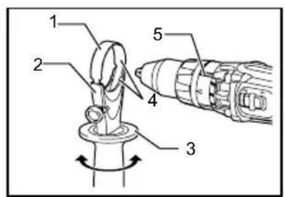 Technical diagram of a mechanical assembly with numbered components and rotation arrow
