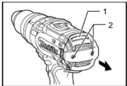 Technical diagram of a mechanical device with labeled parts 1 and 2, showing internal components and directional arrows.