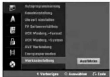 Autoprogrammierung Kanateinstellung Überzeit installiertes TV Seiteververbühne VCR Wiederg.-Format VCR Wiederg.-System AVZ Verbindung Energieuspar nodes Werkstoffstellung Ausführten 4 Vorherigen Authentication 5. Ende