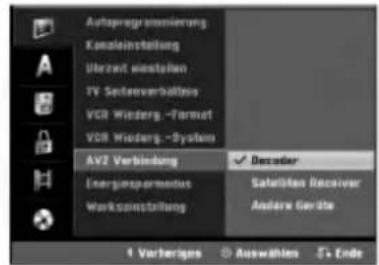 Autopregretunierung Konzelnstellung Urezer winstellen TV Sondereverbässen VCR Wiederg.-Format VCR Wiederg.-System AV2 Verbindung Verkspormentus Warksporstellung ✓ Dezeler Satellaten Receiver Andere Gepte 1 Verkeriges Auswahlen 5 Code
