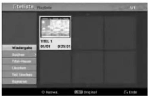 Titleliste PlayInfo 1/1 Widergabe Buchen Titel-Room Loschen Tel. Loschen Kapieren TITLE 1 01/01 0:25:01 Accwa. EBIT Original 3+ Ende