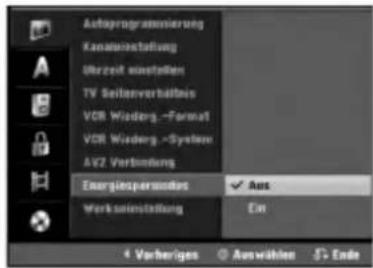 Aufgeprässerüstung Kannauinstellung Überzeit einstellten TV Seitenverhältnis VCR Widerg.-Format VCR Widerg.-System AVZ Verbindung Energieperswelts Aus Verkunstellung Ein