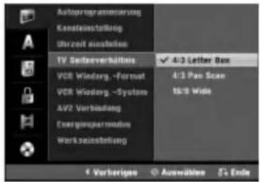 Autoprox#mserung Kanalaustellung Uhrzeit ausstätigkeit TV Softwareverhältnis VCR Wideng.-Format VCR Wideng.-System AV2 Verbindung Energiepmodus Werkseinstellung 4 Verberigen Auswählen 4:3 Letter Box 4:3 Pan Scan 10:9 Wide