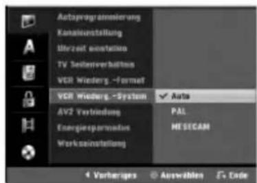 Autoprogramenierung Kanalienstellung Ubrzeit sonstige TV Seitenverhältnis VCR Wiederg.-Formet VCR Wiederg.-System ✓ Auto AV2 Verbindung Energieportnastics Worksteinstellung PAL MUSICAN 4 Verkrieges © Auswählen © Code