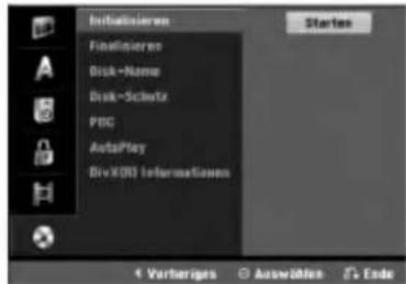 Initiatizen Finalisieren Disk=Name Disk=Schutz PBC AutoPlay DivX30 Informationen Starten Varheriges Auswöhlen Ende