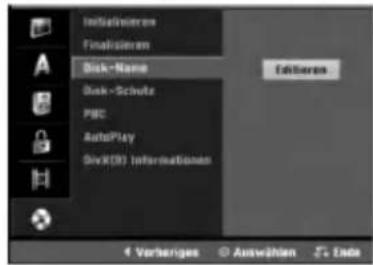 Initialisieren Finalisieren Disk-Name Disk-Scubute PBC AutoPlay SvX(3) Informationen Editorien 4 Vorherigen Auswählen 5. Ende