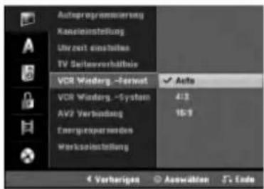 Autoprogramierung Kanleinstellung Uhrzeit einschließlich TV Suisseverhältnis VCR Winderg-/Ferwert VCR Winderg-/System AV2 Verbindung Energyzusprechen Werkstoffstellung ✓ Auto 4:8 16:9 Verherigen Auswählen ✓ Ende