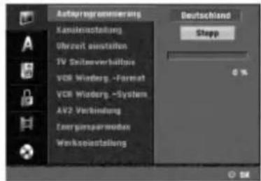 Autoengrechnungsung Kanieleinstellung Ubrzeit sonstungen TV Seiteverhältsatz VCR Wiederg.-Format VCR Wiederg.-System AV2 Verbindung Energiepsammoden Werkopästaltung Deutschland Stepp 0 %