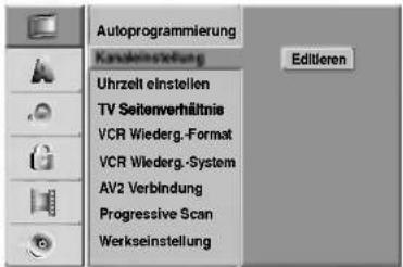 Autoprogrammierung Karakreinstellung Uhrzeit einstellen TV Seitenverhältnis VCR Wiederg.-Format VCR Wiederg.-System AV2 Verbindung Progressive Scan Werkseinstellung Editieren