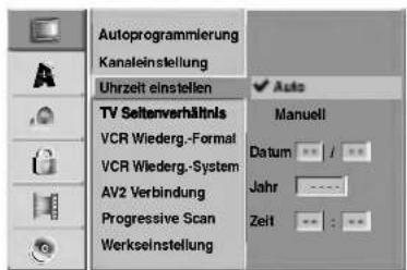 Autoprogrammierung Kanaleinstellung Uhrzeit einstellen TV Seitenverhältnis VCR Wiederg.-Format VCR Wiederg.-System AV2 Verbindung Progressive Scan Werkseinstellung Auto Manuell Datum : / / Jahr : - Zeit : : -