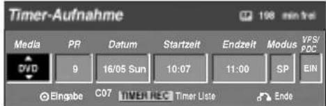 Timer-Aufnahme Media PR Datum Startzeit Endzeit Modus VPS/PDC DVD 9 16/05 Sun 10:07 11:00 SP EIN Eingabe C07 LIVERREC Timer Liste Ende