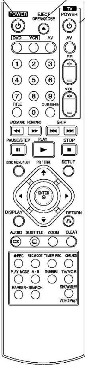 POWER EJECT OPEN/COSE DV D VCR AV 1 2 3 4 5 6 7 8 9 TITLE DUBBING BACKWARD FORWARD SKIP PAUSE/STEP PLAY STOP DISC MENU/LIST PR/TRK SETUP ENTER DISPLAY RETURN AUDIO SUBTITLE ZOOM CLEAR ●REC RECMODE TIMER REC CHR ADD PLAY MODE A-B THUMBUL TV/VCR MARKER-SEARCH SHOWVIEW VIDEO Plus†