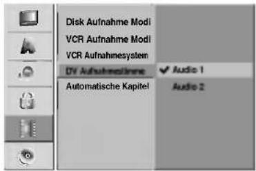 Disk Aufnahme Modi VCR Aufnahme Modi VCR Aufnahmesystem DV Aufnahmeschine Automatische Kapitel Audio 1 Audio 2