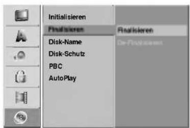 Initialsieren Finalisieren Disk-Name Disk-Schutz PBC AutoPlay
