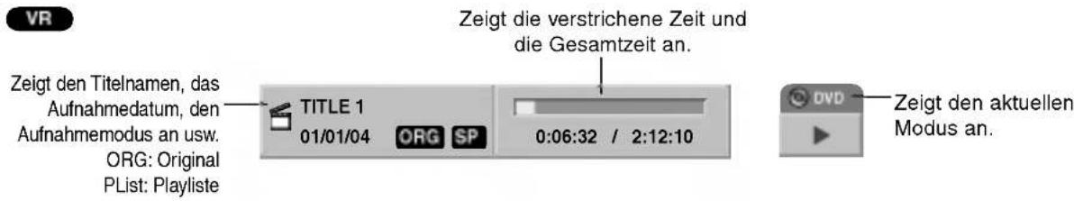 VR Zeigt den Titelnamen, das Aufnahmedatum, den Aufnahmemodus an usw. ORG: Original PList: Playliste TITLE 1 01/01/04 ORG SP Zeigt die verstrichene Zeit und die Gesamtzeit an. 0:06:32 / 2:12:10 DVD Zeigt den aktuellen Modus an.