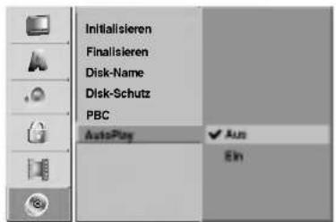 Initialisieren Finalisieren Disk-Name Disk-Schutz PBC AutoPlay Ein ✓ Aus