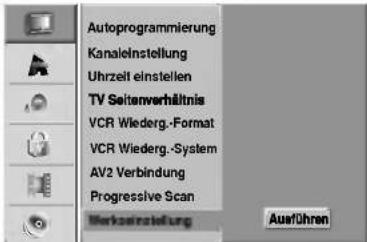 Autoprogrammierung Kanaleinstellung Uhrzeit einstellen TV Seitenverhältnis VCR Wiederg.-Format VCR Wiederg.-System AV2 Verbindung Progressive Scan Verkaerstellung Ausführen