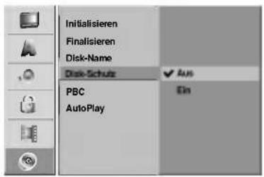 Initialisieren Finalisieren Disk-Name Disk-Schutz PBC AutoPlay Auto Ein