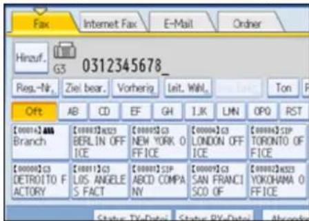Hinzuf. G3 0312345678_ Reg.-Nr. Ziel bear. Vorherig Leit. Wahl. Ton Off AB CD EF GH IJK LMN OPO RST [0000]ABB Branch [0000]AB23 BERLIN OFF ICE [0000]C3 NEW YORK O FFICE [0000]C3 LONDON OFF ICE [0000]SIP TORONTO OF FICE [0000]C3 DETROTO FO ACTORY [0001]C3 LOS ANGELE S FACT [0000]SIP ABCD COMPANY [0000]C3 SAN FRANCISCO OF [0000]AB23 YOKOHAMA OF FICE Status: TX-Date, Status: RX-Date, Abandoned