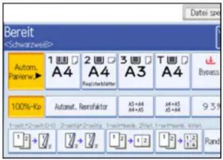 Datei spe Bereit Autom. Papierw.► 1 A4 2 A4 Registerblatter 3 A3 T A4 Bypass 100%-Kp Automat. Reprofaktor A5+A4 A4+A5 A4+A5 A5+A4 9 3% 1-bit+2-bit+0-0 2-bit+Priority 1-bit+2-bit 2-bit+Priority 3-bit+2-bit 4-bit+2-bit Rand