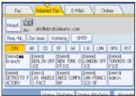 Hinzuf... An: abc@abcdcompany.com Reg.-Nr. Ziel bear. Vorherig SMTP Offt AB CD EF GH 1.K LMN OPQ RST [000014] ABS Branch [000015] BERLIN OFF ICE [000016] NEW YORK O FICE [000016] LONDON OFF ICE [000016] TORONTO OF FICE [000016] DETROITO FACTORY [000017] LOS ANGELE S FACT [000018] ABCD COMPANY [000019] SAN FRANCISCO OF [000019] Admin Status: TV-Date Status: BY-Date Absornd