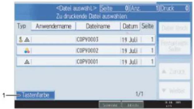 Seite 0 |Anz. 1|Druck 0 Zu druckende Datei auswahlen Typ Anwendername Dateiname Datum Seite © COPY0003 19 Juli 1 © COPY0002 19 Juli 1 © COPY0001 19 Juli 1 Tastenfarbe 1/1 Datei Mrch Festuflagsn Selte Zuruck Weltes