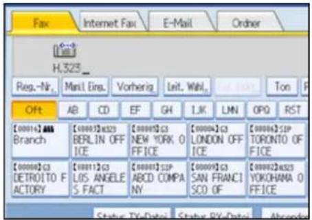H.323_ Reg.-Nr. Mail Eing. Vorherig Leit. Wahl. Off AB CD EF GH 1.K LMN OPQ RST [0000]A4A Branch [0000]A4A25 BERLIN OFF ICE [0000]C3 NEW YORK O FFICE [0000]C3 LONDON OFF ICE [0000]SIP TORONTO OF FFICE [0000]C3 DETROTO FO ACTORY [0001]C3 LOS ANGELE S FACT [0000]SIP ABCD COMPA NY [0000]C3 SAN FRANCI SCO OF [0000]A4A25 YOKOHAMA O FFICE
