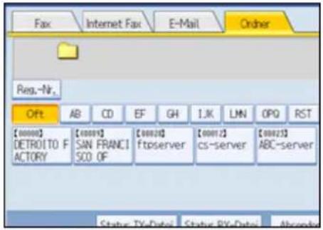 Fax Internet Fax E-Mail Order Resp.-Nr. Off AB CD EF GH I.J.K LMN OPQ RST [00000] DETROITO F ACTORY [00001] SAN FRANCI SCO OF [00021] ftpserver [00012] cs-server [00023] ABC-server Status: TV-Date1 Status: BY-Date2 Abandoned