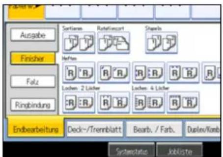 Ausgabe Fincher Folz Ringbindung Sortieren Rotatierkart Shapeis Neften R R R R R R R Locken: 2 Licher Locken: 4 Licher R R R R R R Endbearbeitungs Deck-/Tremblatt Bearb. / Farb. Duplex/Komb Systemstatus Jobliste