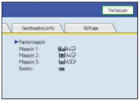 Gerateadressinfo Abfrage ► Papiermagazin Magazin 1: A4 Magazin 2: A4 Magazin 3: A3 Bypass: