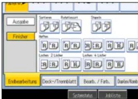 Ausgabe Finisher Sortienn Rotatekort Sharp Nefte: R: R, R: R, R: R, R: R, R: R Lüchen: 2 Lücher Lüchen: 4 Lücher R: R, R: R, R: R, R: R Endbearbeitungs Deck-/Trennblatt Bearb. / Farb. Duplex/Kanb Systemstatus Jobliste