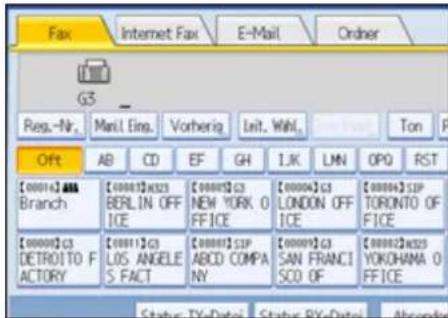 Fax Internet Fax E-Mail Order G3 Reg.-Nr. Mail Ding. Vorherig Leit. Wahl. Ton Off: AB CD EF GH 1.K LMN OPO RST [000014] ABA Branch [000015] K323 BERLIN OFFICE [000015] G3 NEW YORK 0 FFICE [000016] G3 LONDON OFFICE [000016] SIP TORONTO OFFICE [000017] G3 DETROITO FACTORY [00011] G3 LOS ANGELE'S FACT [000017] SIP ABCD COMPANY [000017] G3 SAN FRANCISCO OF [000017] K323 YOKOHAMA 0 FFICE Status: TV-Date1 Status: BY-Date1 Abandoned