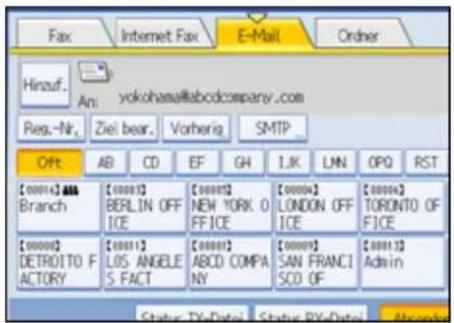 Hinzuf... An: yokohasa@abodcompany.com Resp.-Nr. Ziel bear. Vorherig SMTP Offt AB CD EF GH IJK LMN OPQ RST [00001] AAA Branch [00001] BERLIN OFF ICE [00001] NEW YORK O FFICE [00004] LONDON OFF ICE [00004] TORONTO OF FICE [00002] DETROITO F ACTORY [00001] LOS ANGELE S FACT [00001] ABCD COMPA NY [00009] SAN FRANCI SCO OF [00013] Admin Status: TX/Date1, Status: RX/Date1, Microsoft