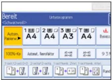 Bereit Unterprogramm Autom. Papierw.► 1 A4 2 A4 3 A3 T A4 Bypass 100%-Kp Automat. Reprofaktor A5+A4 A4+A5 A5+A6 9 3 9 1-past=2-past=0-0 2-seltip=2-seltip 1-sastbank 2-viet 1-sastbank 4-viet Rand