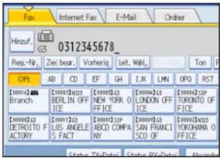 Hinzuf. G3 0312345678_ Reg.-Nr. Ziel bear. Vorherig Leit. Wahl. Offt AB CD EF GH 1.K LN OPQ RST [000012.ABA] Branch [000012.H25] BERLIN OFF ICE [000012.C3] NEW YORK O FFICE [000012.C3] LONDON OFF ICE [000012.SIP] TORONTO OF FICE [000012.C3] DETROITO F ACTORY [000012.C3] LOS ANGELE S.FACT [000012.SIP] ABCD COMPA NY [000012.C3] SAN FRANCI SCO OF [000012.H25] YOKOHAMA O FFICE Status: TX-Date, Status: RX-Date, Abbrevs