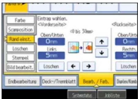 Farbe Scanposition Rand einst. Loschen Stempel Bild bearbeit. Eintrag wahlen. Oben/Unten 0mm Links 5mm Loschen <0 bis 30mm> Oben/Unte 0mm Rechts 5mm Loschen Endbearbeitung Deck-/Tremblatt Bearb. / Farb. Dulex/Kamb Systemstatus Jobliste