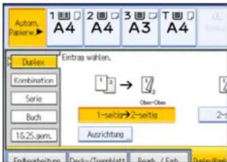 Autom. Papierw.► 1 A4 2 A4 3 A3 T A4 Duplex Eintrag wahlen. Kombination Serie Buch 16,25.gem. 1 → 1/2 Ober-Oben 1-seitig→2-seitig Ausrichtung Endbeitelten Decke/Tromblatt Beach / Fish Daling/Satz