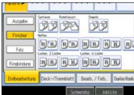 Ausgabe Fincher Folz Ringbindung Sortieren Rotationsort Shapeh Hefes: R: R, R: R, R: R, R: R, R: R Lüchen: 2 Lücher Lüchen: 4 Lücher R: R, R: R, R: R, R: R Endbearbeitungs Deck-/Trennblatt Bearb. / Farb. Duplex/Kanb Systemstatus Jobliste
