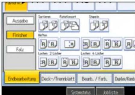 Ausgabe Finisher Folz Sortiern Rotatingart Sharp Hefes R: R R: R R: R R: R Locken: 2 Lücher Locken: 4 Lücher R: R R: R R: R R: R Endbearbeitung Deck-/Trennblatt Bearb. / Farb. Duplex/Kanb Synechstals Jobliste