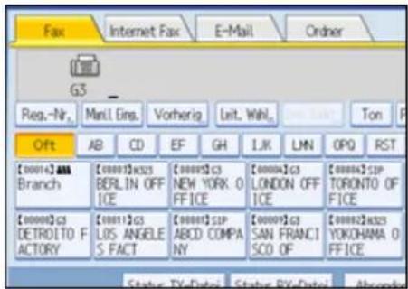 Fax Internet Fax E-Mail Order G3 Reg.-Nr. Manl.Eing. Vorherig. Luit.Wahl. Ton Off AB CD EF GH LJK LMN OPQ RST [00014] AAA Branch [00001]A325 BERLIN OFF ICE [00005]C3 NEW YORK 0 FFICE [00006]C3 LONDON OFF ICE [00006]SIP TORONTO OF FICE [00009]C3 DETROITO F ACTORY [00011]C3 LOS ANGELE S FACT [00001]SIP ABCD COMPA NY [00009]C3 SAN FRANCI SCO OF [00002]A325 YOKOHAMA 0 FFICE