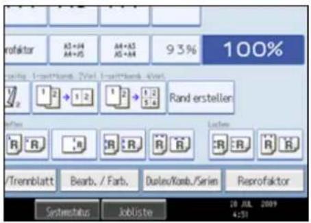 rofaktor A3+J4 A4+J5 A4+AS A5+J4 9 3% 100% using -Insert/Rand /View -Insert/Rand /View 1 2 1 2 1 2 1 2 Rand erstellen R R R R R R R R R R /Rtemblatt Bearb. / Farb. Duales/Komb./Series Reprofaktor Systemstatus Jobliste 20 JUL 2009 4:51