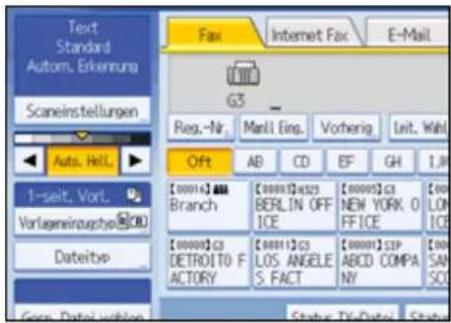 Text Standard Autom. Erkennung Scaneinstellungen Auto. HILL. 1-seit. Vorl. Vorlagneinzugtpo Dateityp Fax Internet Fax E-Mail G3 Reg.-Nr. Marki Eing. Voheng Leit. Wall Off AB CD EF GH I.W [0001] AB Branch [0000] 4223 BERLIN OFF ICE [0000] 53 NEW YORK O FFICE [0000] 53 DETROITO F ACTORY [0001] 53 LOS ANGELE S. FACT [0000] 53IP- ABCD COMPA NY [0000] SAN SO Status: TX-Date: Status