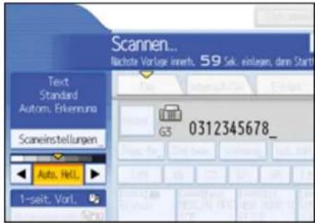 Scannen... Nachte Vorlage insert, 59 Sek. einlagen, dann Start Text Standard Autom. Erkennuna Scaneinstellungen Auto, HeL. 1-seit, Vorl. G3 0312345678_