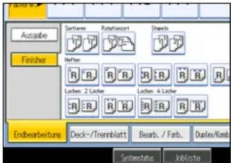 Ausgabe Fincher Sortieren Rotational Steeln Hefen R R R R R R R Locken: 2 Lücher Locken: 4 Lücher R R R R R R Endbearbeiturs Deck-/Trennblatt Bearb. / Farb. Duplex/Kosb Systemstatus Jobliste
