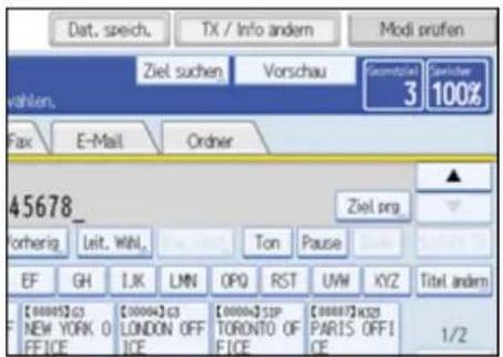 Dat. sprech. TX / Info andem Modi prufen Ziel suchen Vorschau Gesamtplan 3 100% vahlen. Fax E-Mail Order 45678_ forherig Leit. Wnt. Ton Pause EF GH IJK LMN OPQ RST UVW KYZ Titel andem [00005]c3 NEW YORK 0 FFICE [00004]c3 LONDON OFF ICE [00004]c3p TORONTO OF FICE [00007]k23 PARIS OFFI CE 1/2