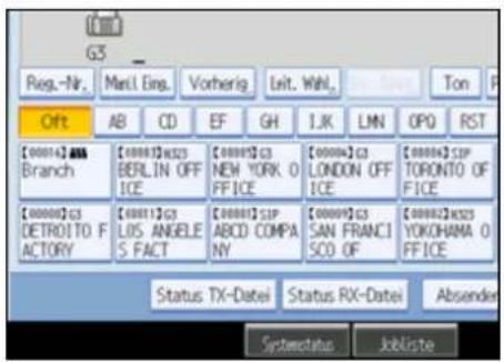 G3 Reg.-Nr. Manl. Eing. Vorherig Leit. WNL. Ton Oft AB CD EF GH I.K LMN OPQ RST [00014] ABS Branch [00015]K323 BERLIN OFF ICE [00015]C3 NEW YORK 0 FFICE [00004]C3 LONDON OFF ICE [00004]SIP TORONTO OF FICE [00008]C3 DETROITO FACTORY [00011]C3 LIS ANGELE S.FACT [00015]SIP ABCD COMPANY [00009]C3 SAN FRANCIS CO OF [00012]K323 YOKOHAMA 0 FFICE Status TX-Datei Status RX-Datei Absender Systemstatus Jobliste