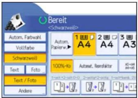 Bereit Autom. Farbwahl Vollfarbe Schwarzwei8 Text Foto Text / Foto Andere Autom. Papierw. 1 A4 2 A4 3 A3 100%-Ko Automet. Resraktor AS+M M+AS 1=alt+2=selt 0-0 2=selt+2=alt+1=alt+1=alt-2=1